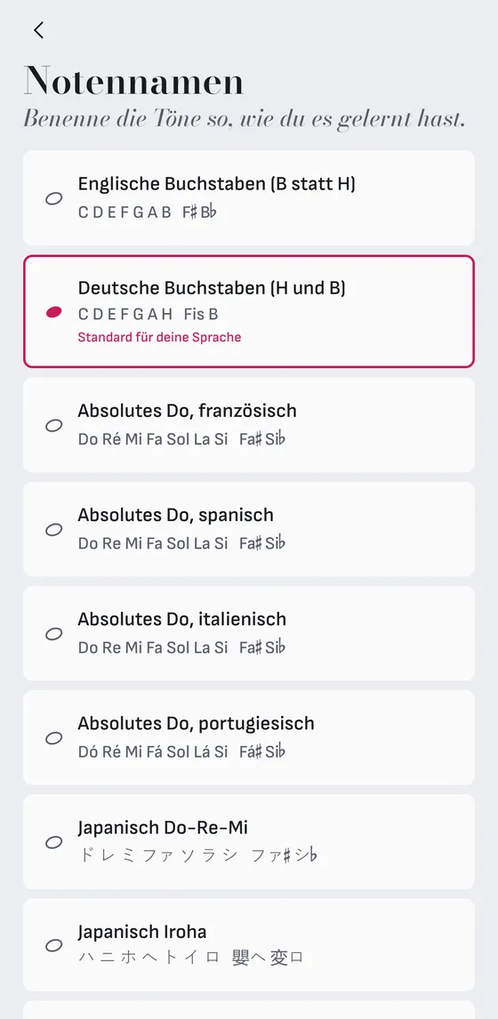 Notennamen so, wie du sie gelernt hast.