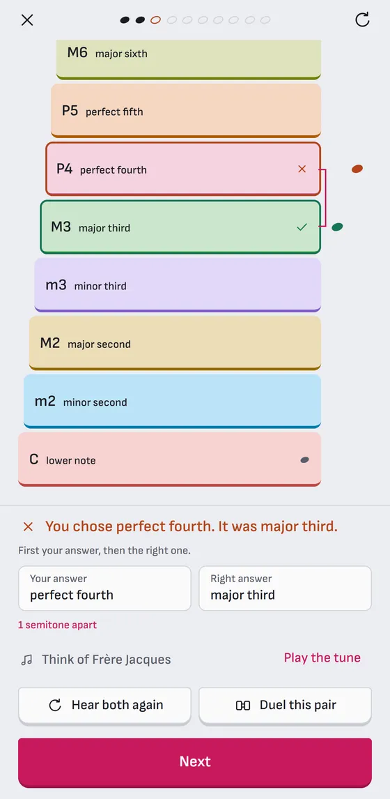The ladder after a wrong answer: your choice and the right one, one semitone apart.
