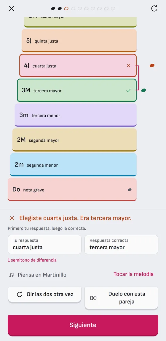 La escalera tras un error: tu respuesta y la correcta, a un semitono.