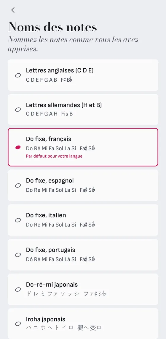 Les noms de notes que vous avez appris.