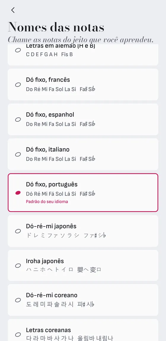Os nomes das notas que você aprendeu.